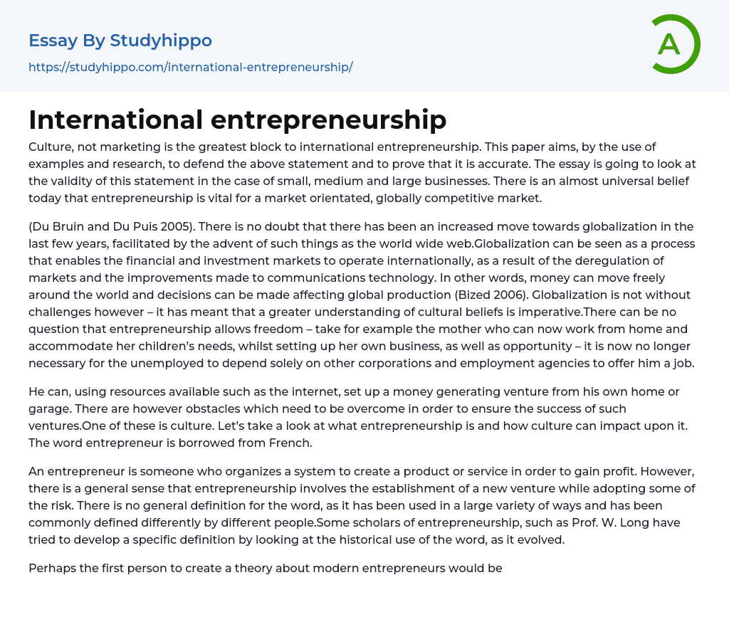 International entrepreneurship Essay Example