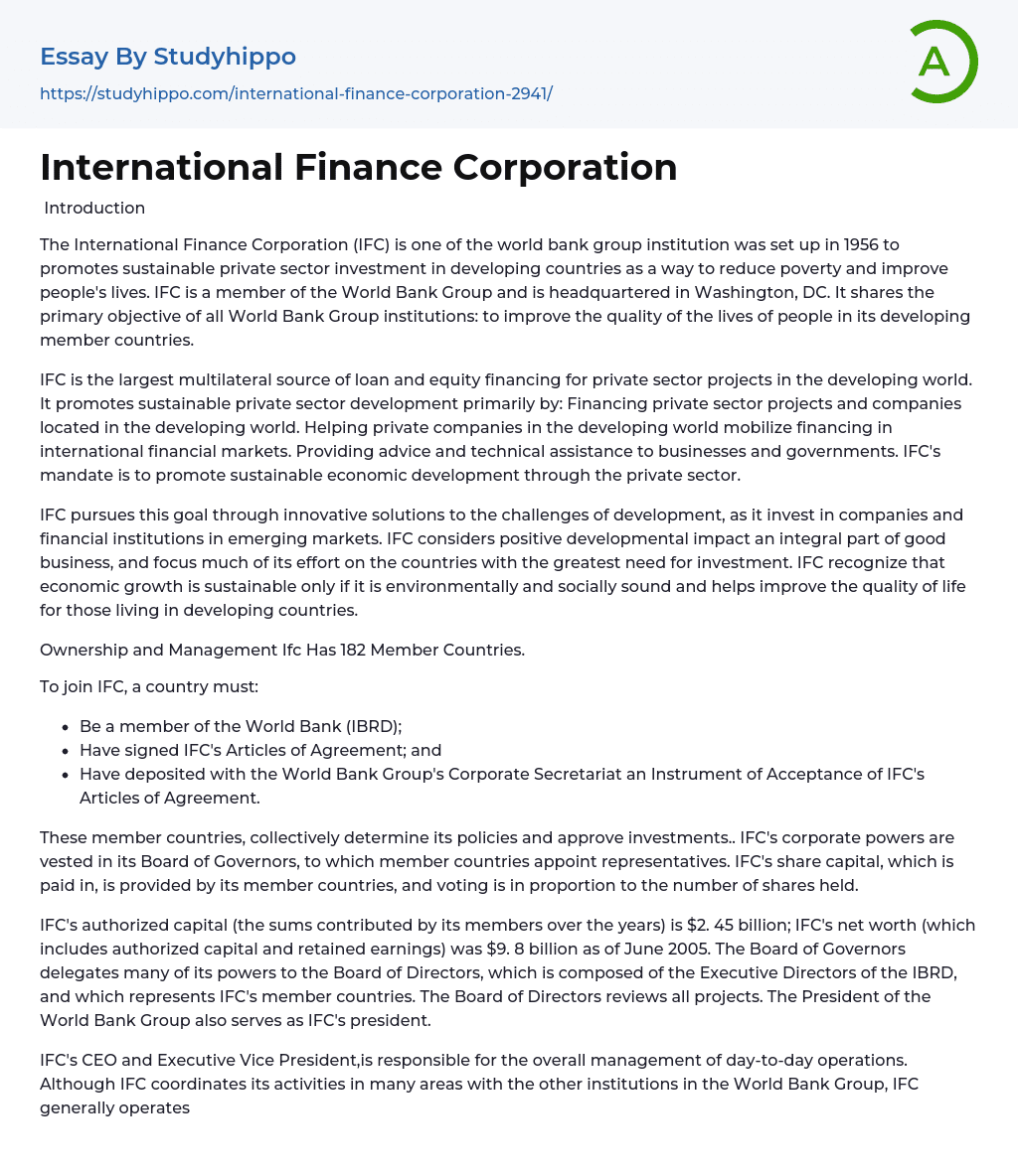 International Finance Corporation Essay Example