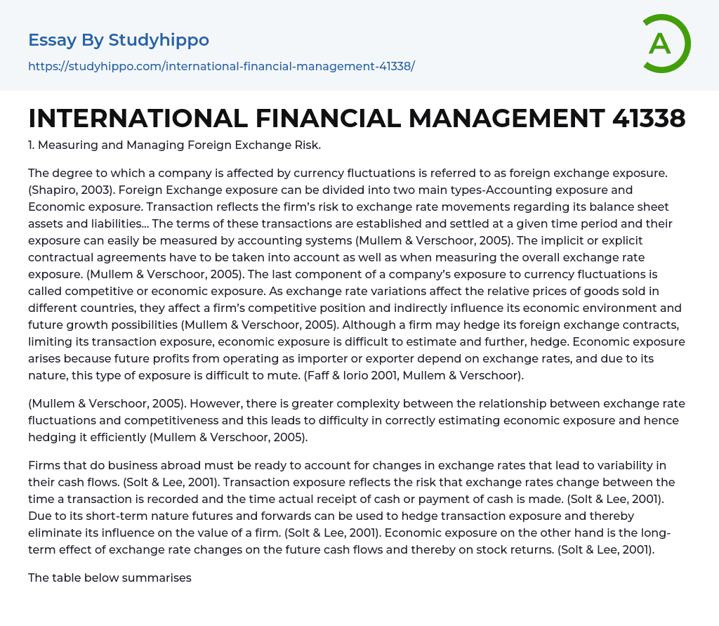 INTERNATIONAL FINANCIAL MANAGEMENT 41338 Essay Example