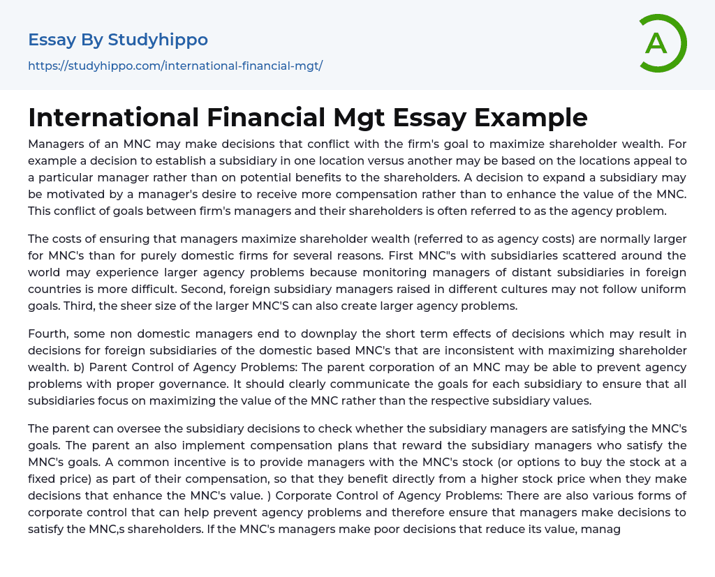 International Financial Mgt Essay Example