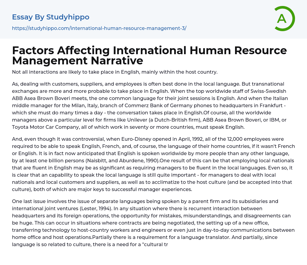 Factors Affecting International Human Resource Management Narrative Essay Example