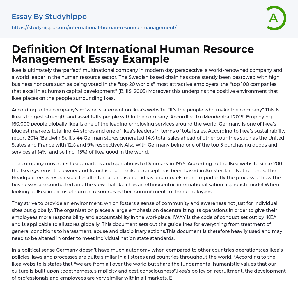 Definition Of International Human Resource Management Essay Example
