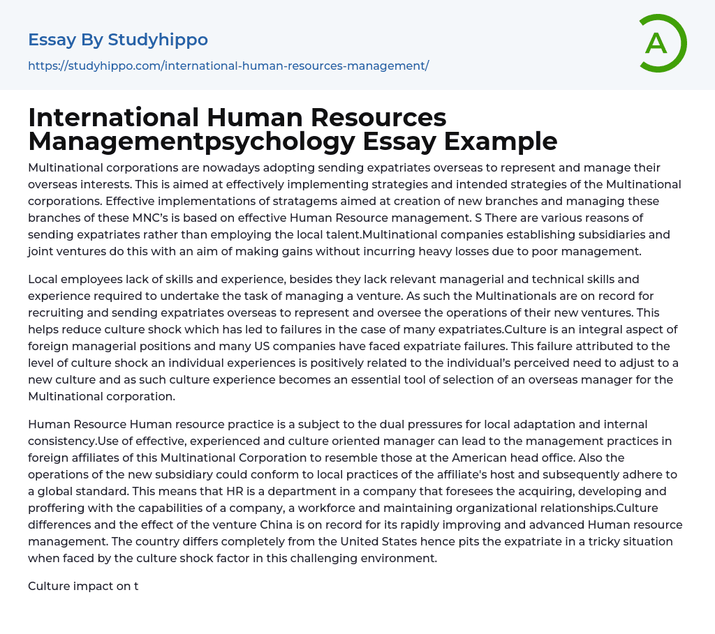 International Human Resources Managementpsychology Essay Example