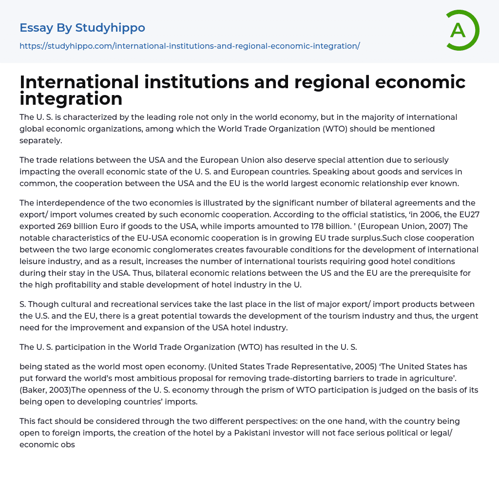 International institutions and regional economic integration Essay Example