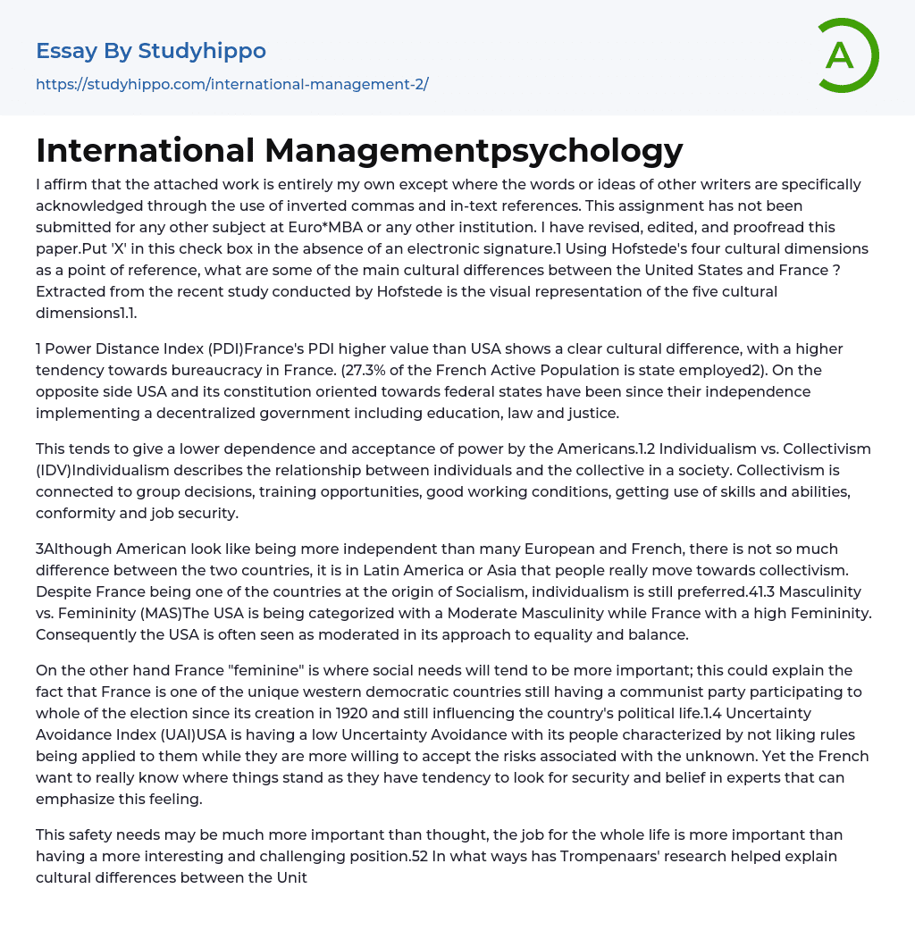 International Managementpsychology Essay Example