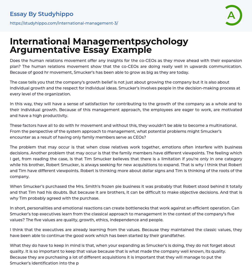 International Managementpsychology Argumentative Essay Example