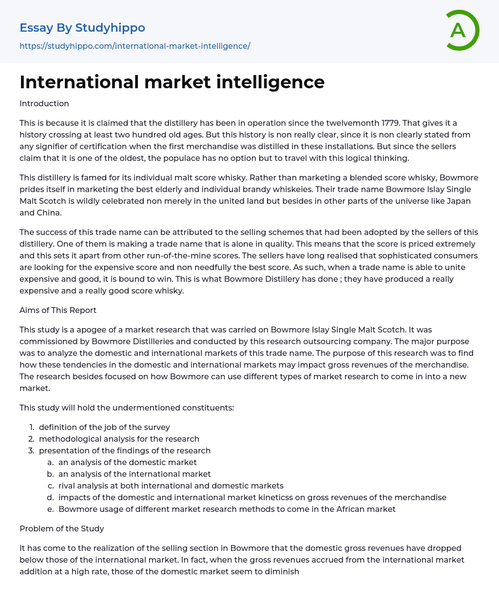 International market intelligence Essay Example