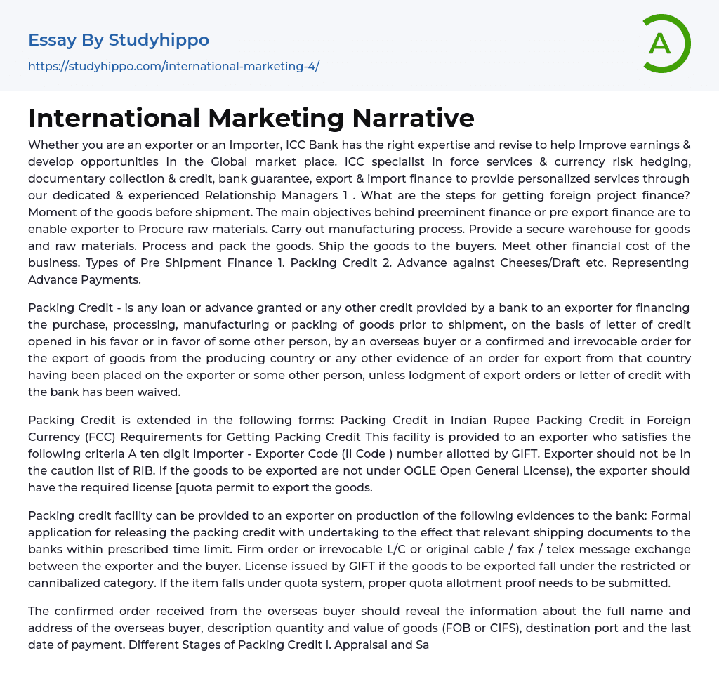 International Marketing Narrative Essay Example