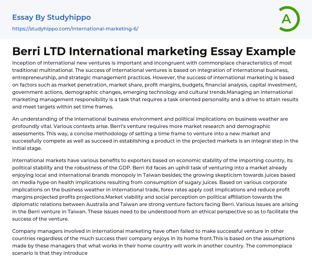 Berri LTD International marketing Essay Example