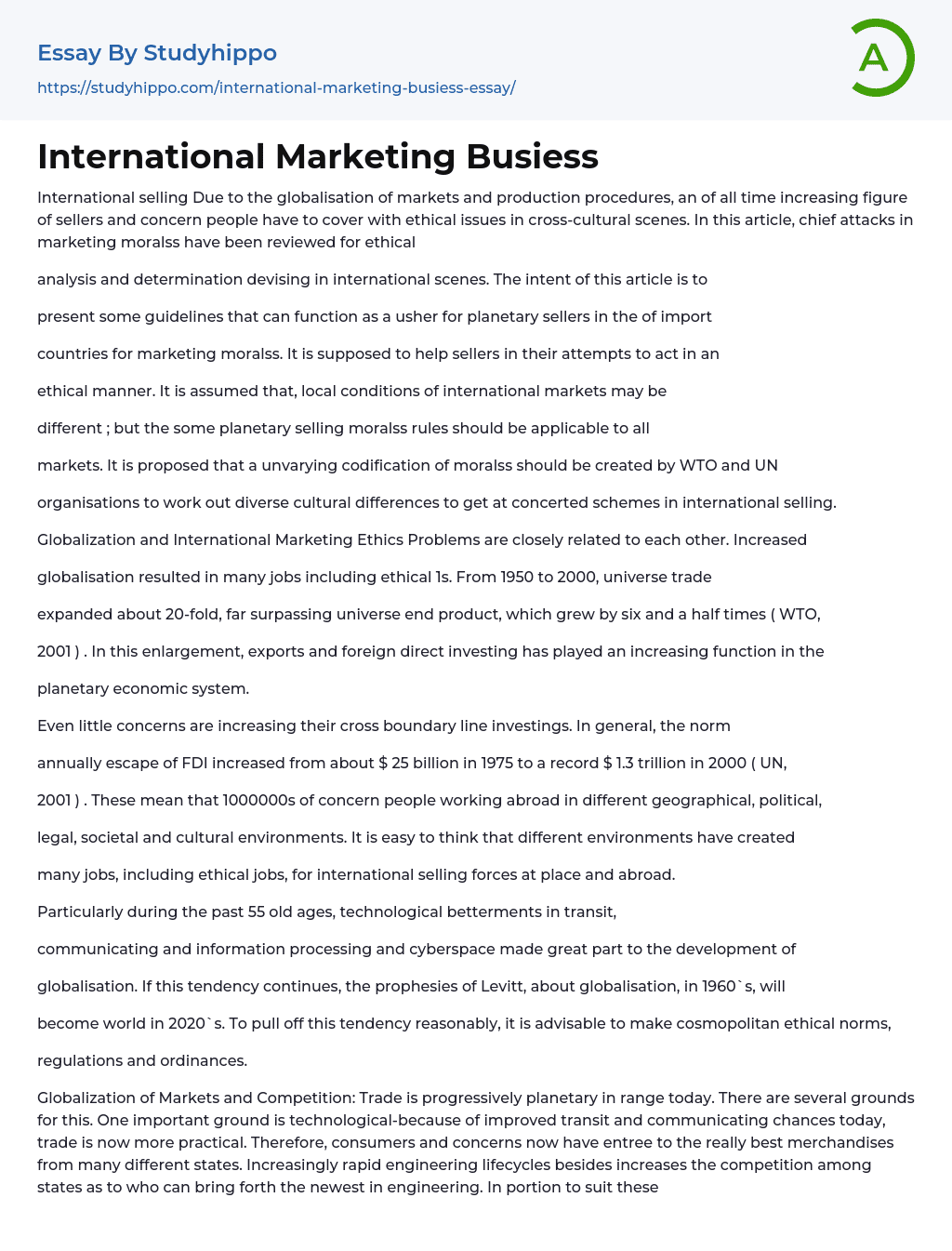 International Marketing Busiess Essay Example