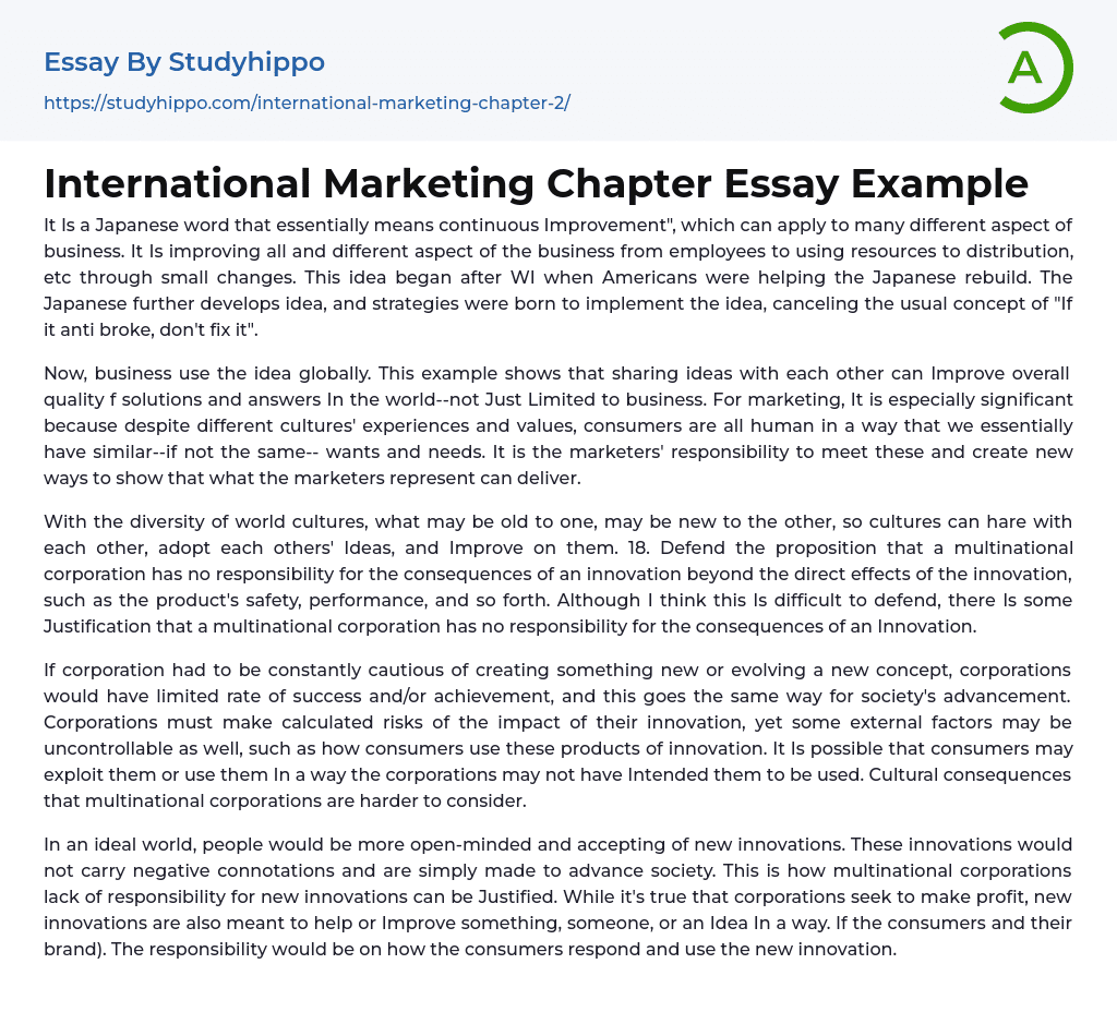 International Marketing Chapter Essay Example