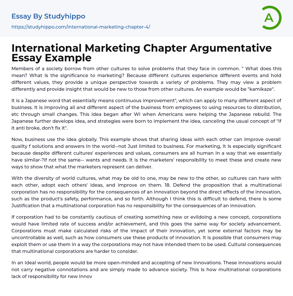International Marketing Chapter Argumentative Essay Example