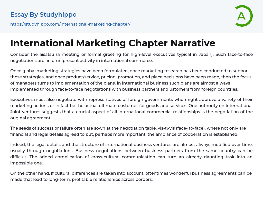 International Marketing Chapter Narrative Essay Example