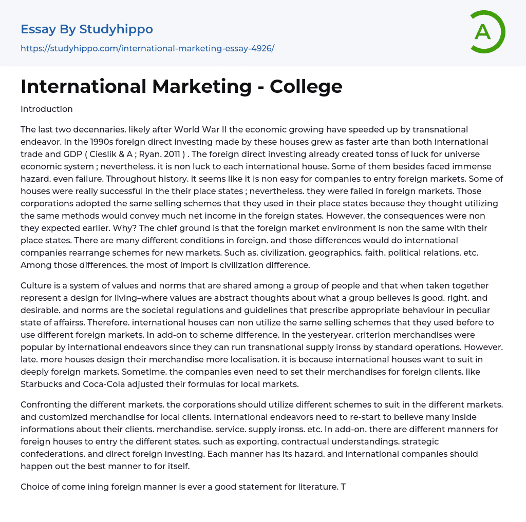 International Marketing – College Essay Example