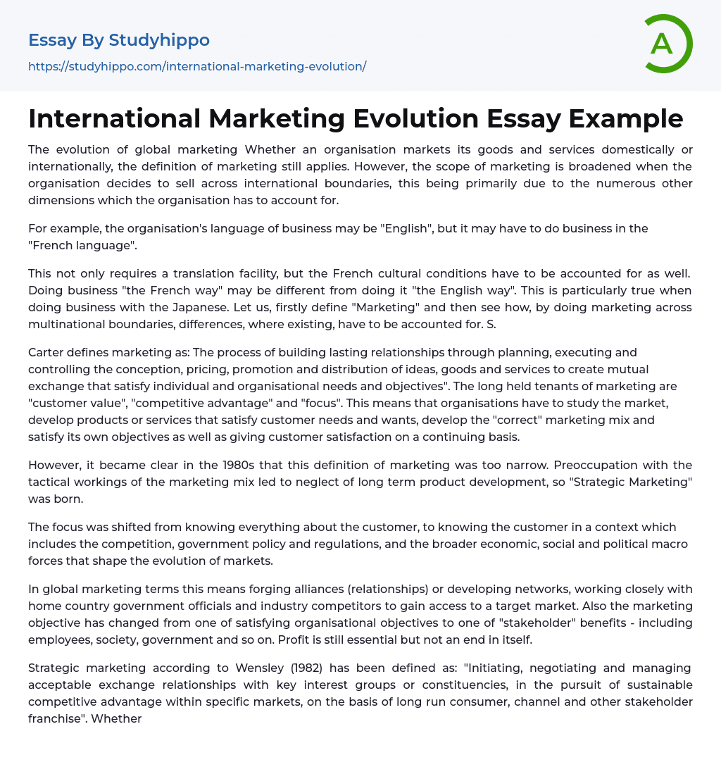 International Marketing Evolution Essay Example