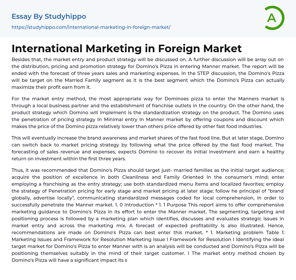 International Marketing in Foreign Market Essay Example