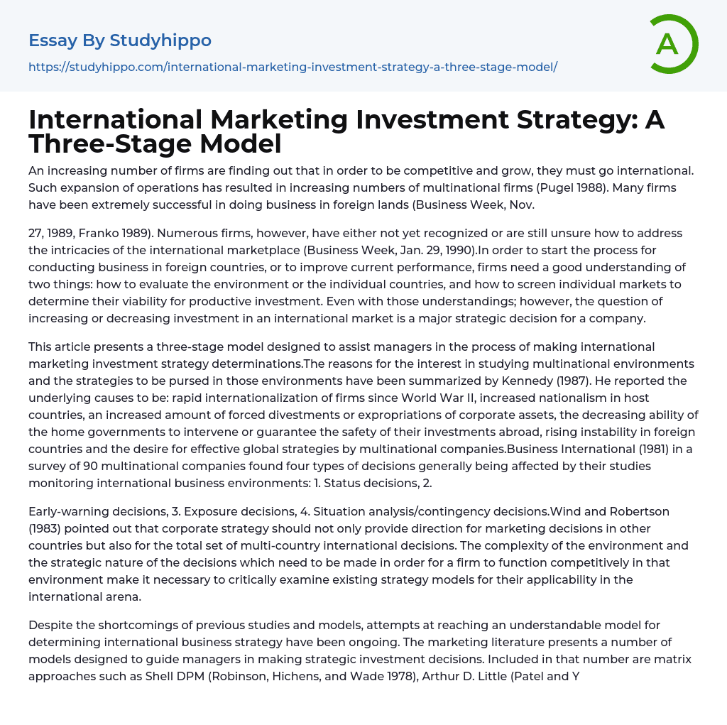 International Marketing Investment Strategy: A Three-Stage Model Essay Example