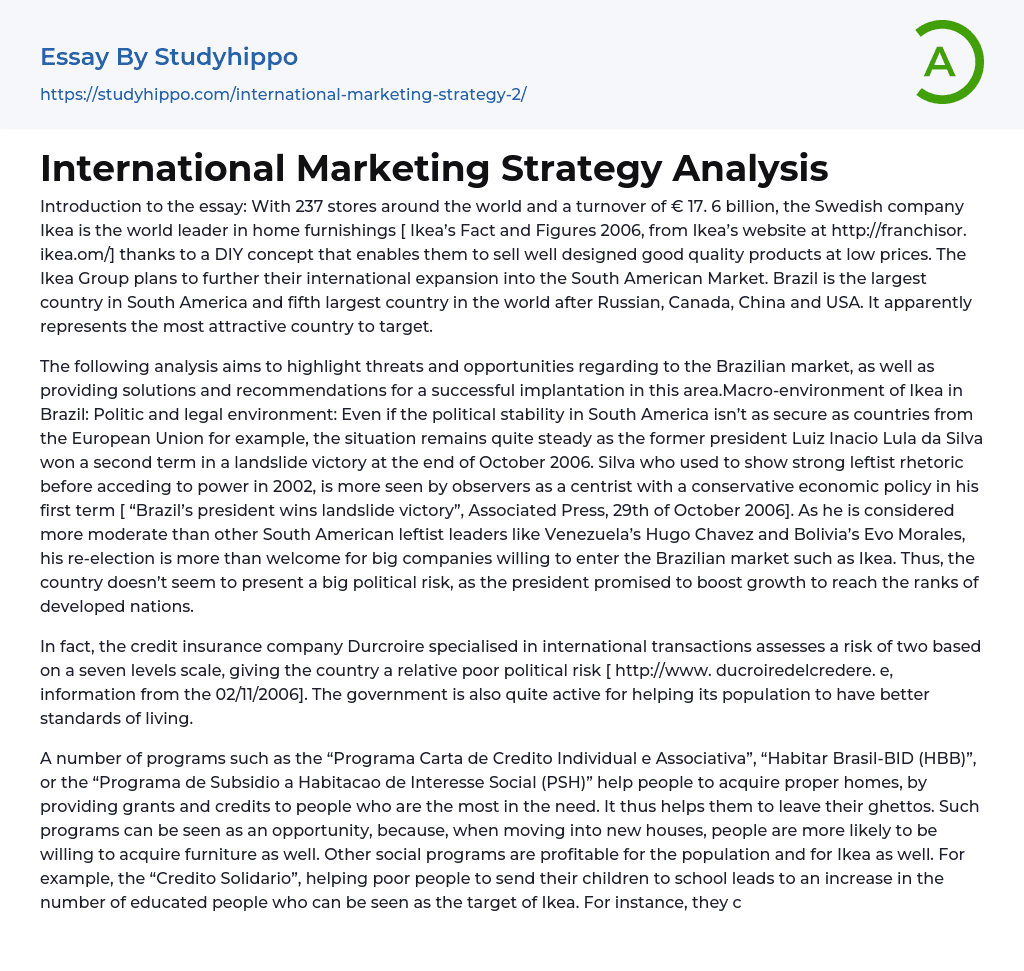 International Marketing Strategy Analysis Essay Example