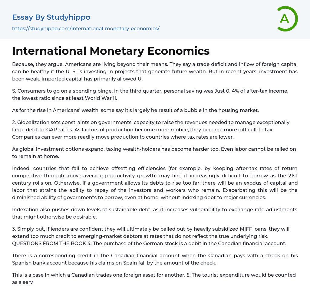 International Monetary Economics Essay Example