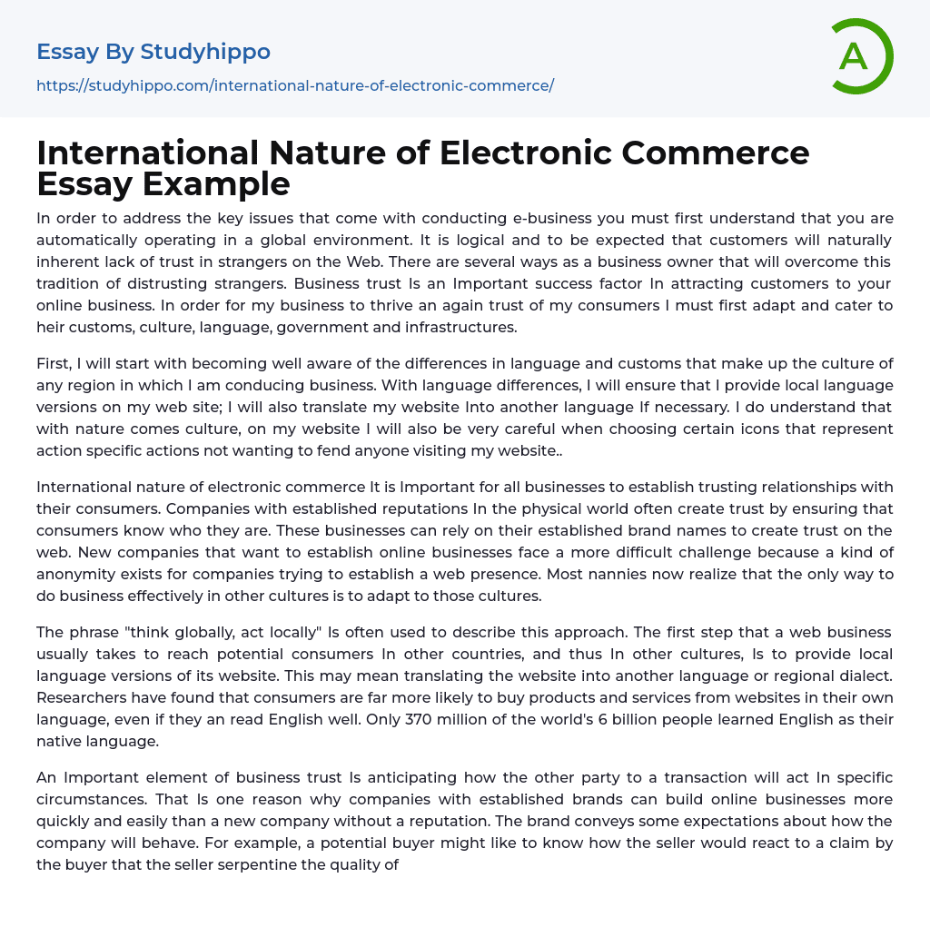 International Nature of Electronic Commerce Essay Example