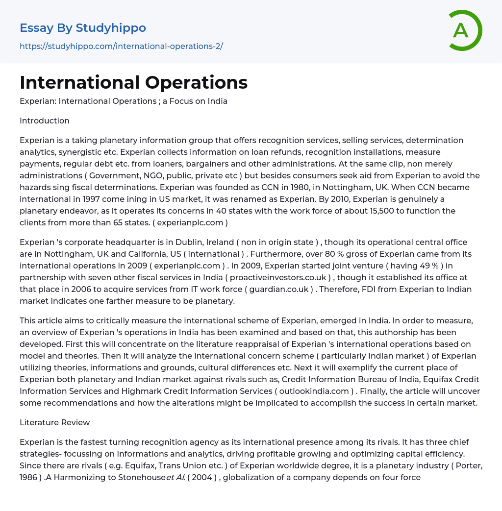 International Operations Essay Example