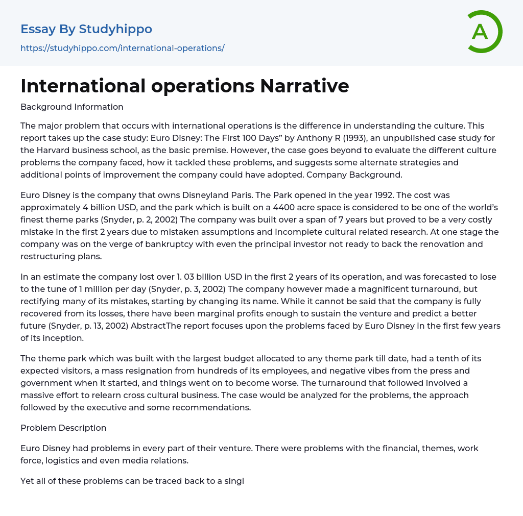 International operations Narrative Essay Example