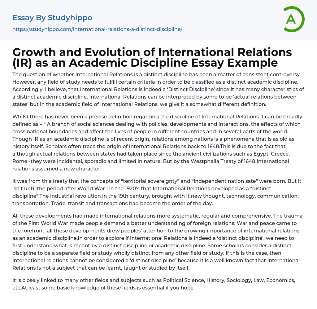 Growth and Evolution of International Relations (IR) as an Academic Discipline Essay Example