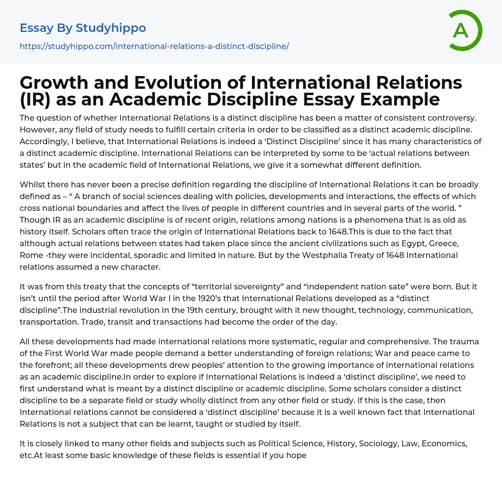 Growth And Evolution Of International Relations IR As An Academic 