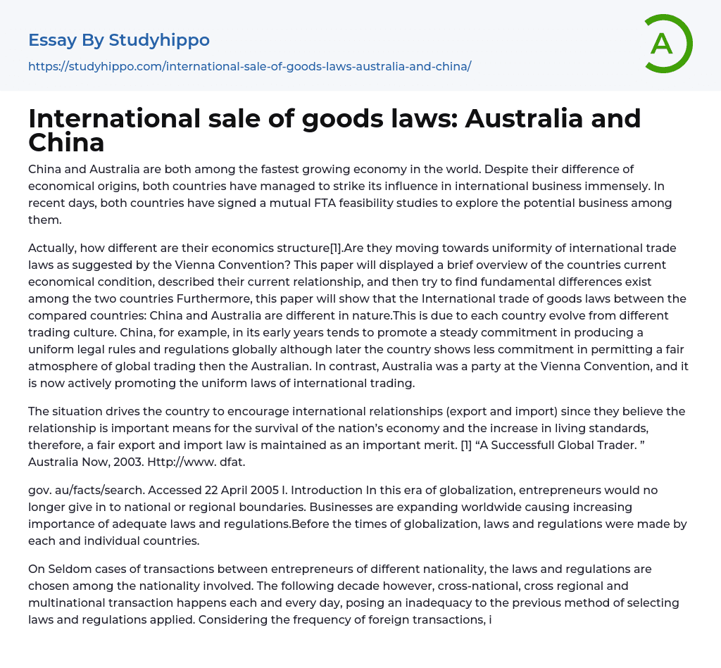 International sale of goods laws: Australia and China Essay Example