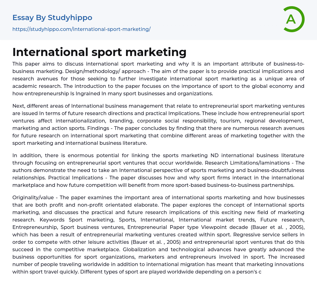 International sport marketing Essay Example