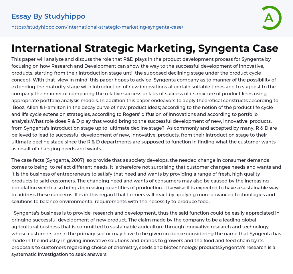 International Strategic Marketing, Syngenta Case Essay Example