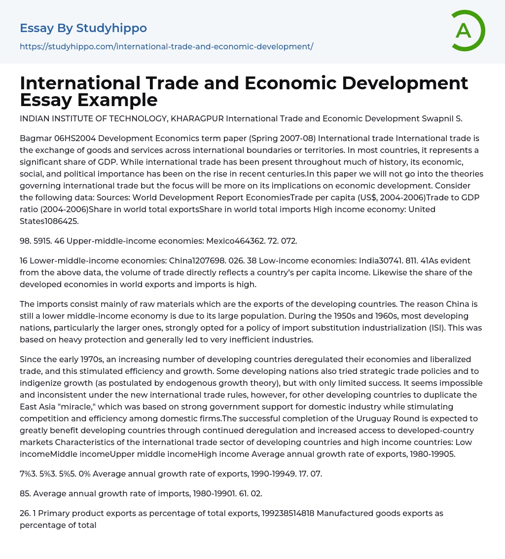 International Trade and Economic Development Essay Example