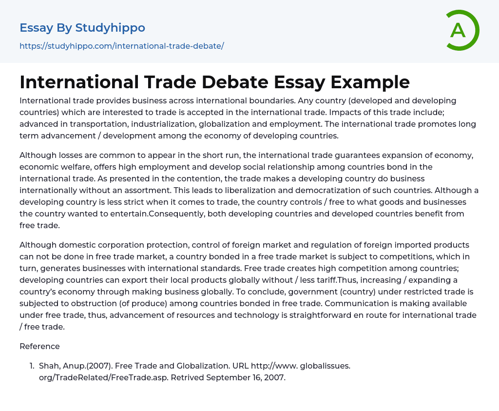 International Trade Debate Essay Example