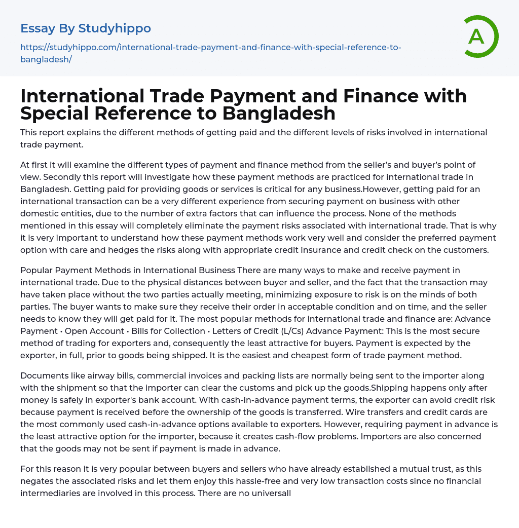 International Trade Payment and Finance with Special Reference to Bangladesh Essay Example