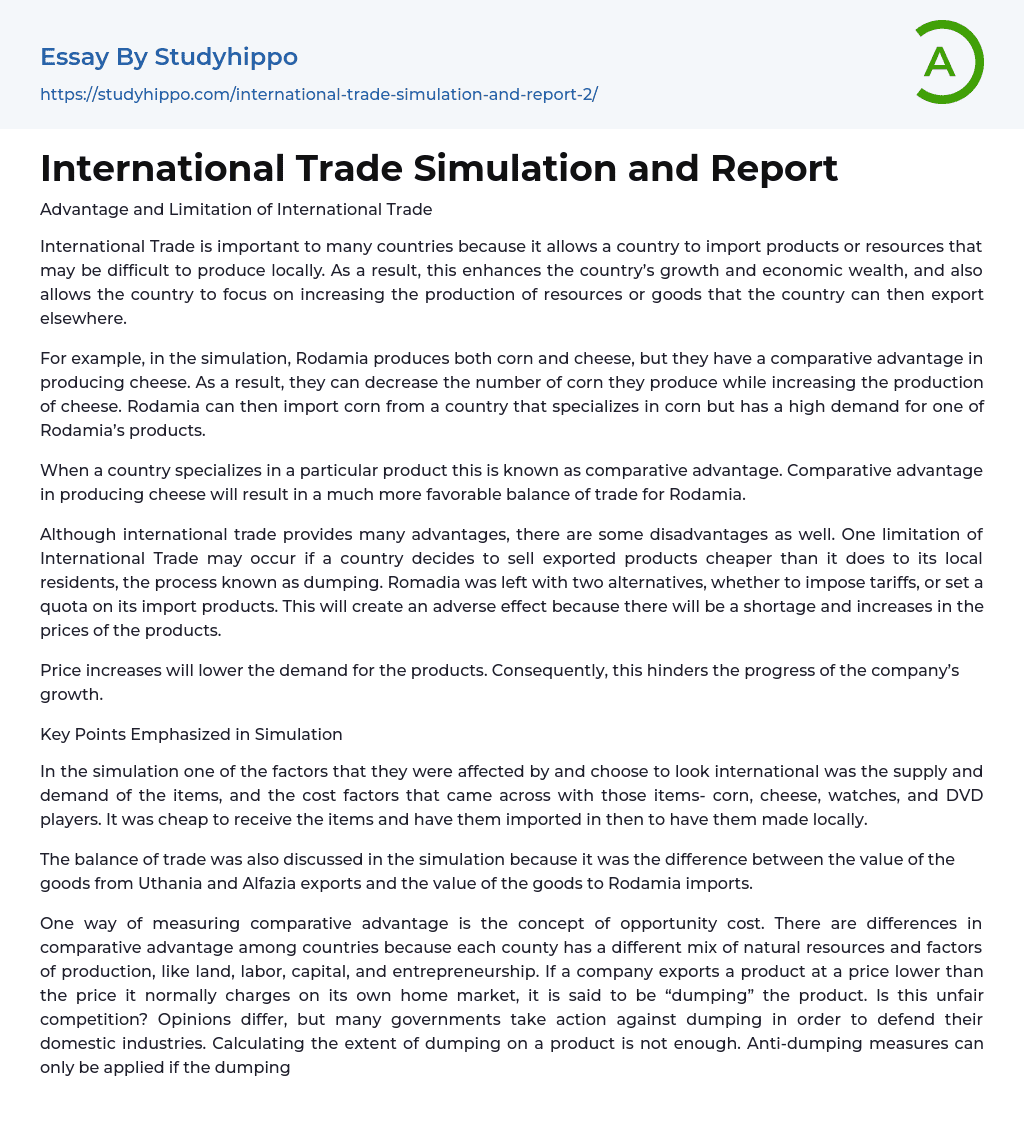 International Trade Simulation and Report Essay Example