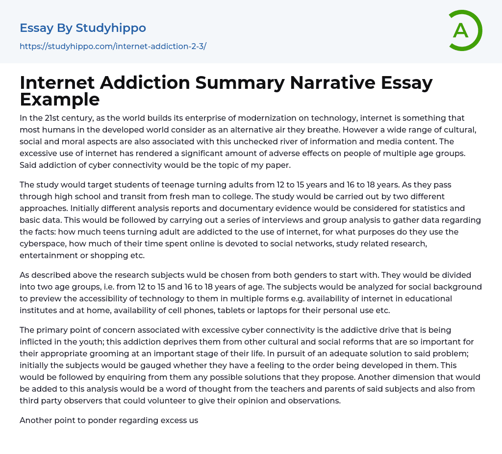 Internet Addiction Summary Narrative Essay Example