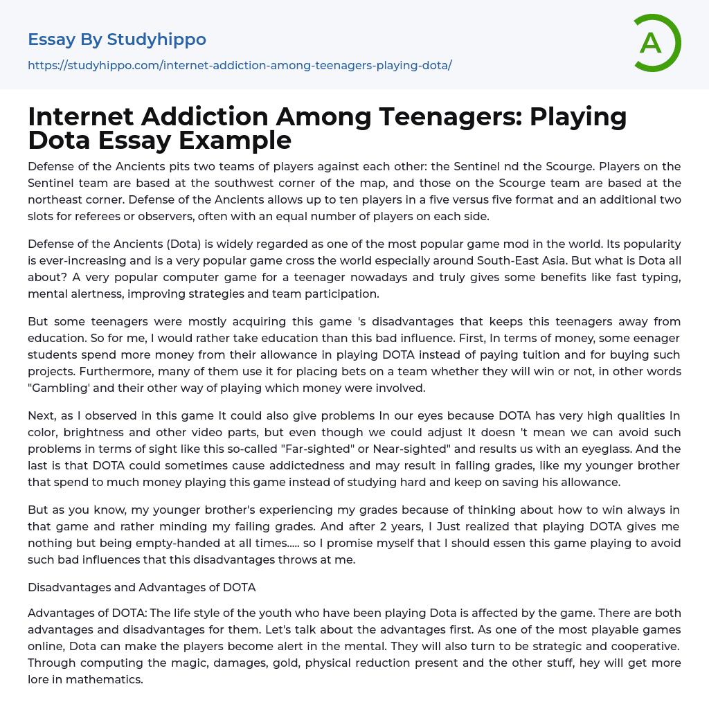 Internet Addiction Among Teenagers: Playing Dota Essay Example
