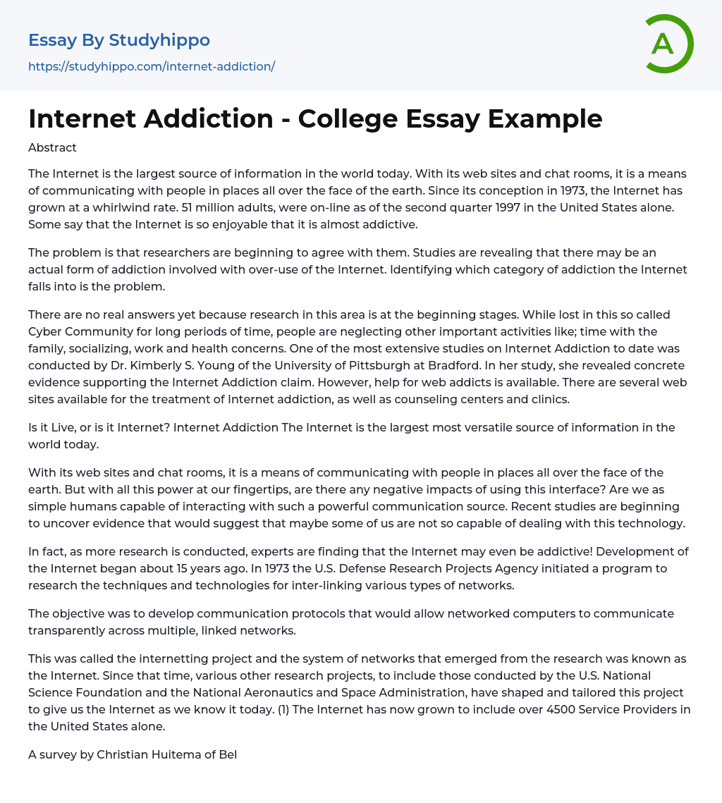 Internet Addiction – College Essay Example