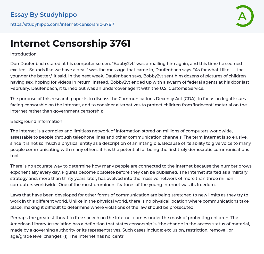 Internet Censorship 3761 Essay Example