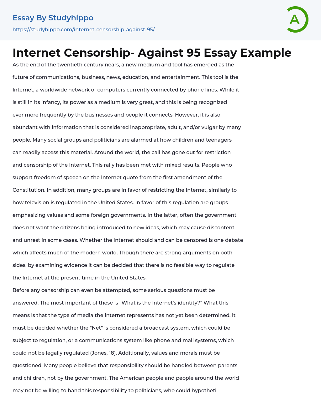 Internet Censorship- Against 95 Essay Example