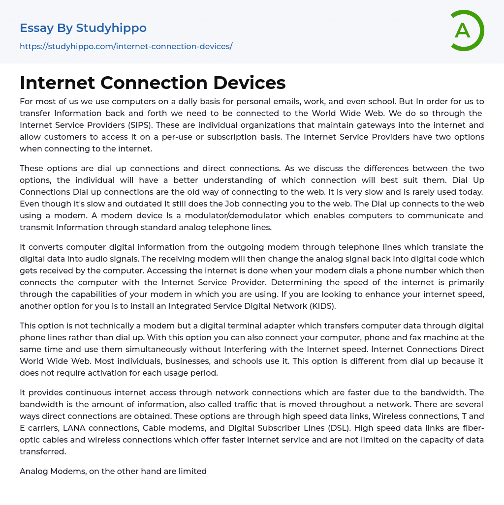 Internet Connection Devices Essay Example