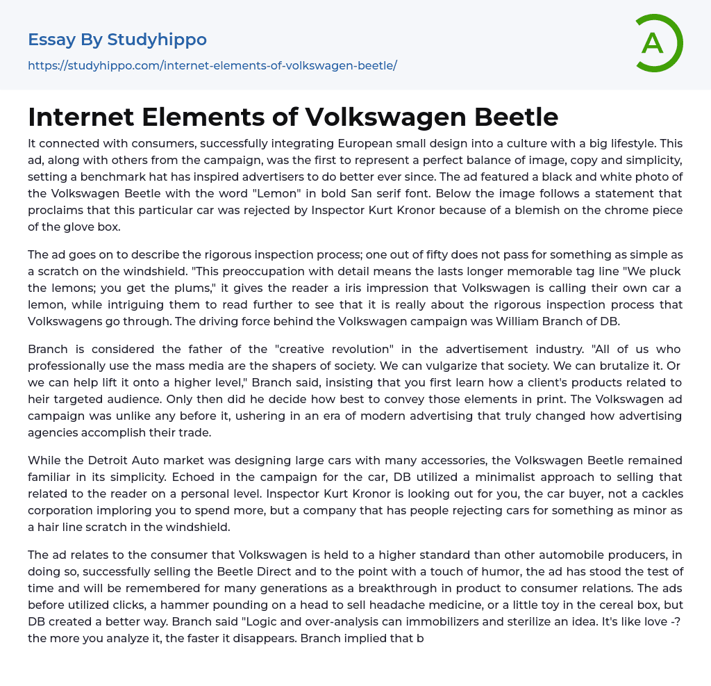 Internet Elements of Volkswagen Beetle Essay Example