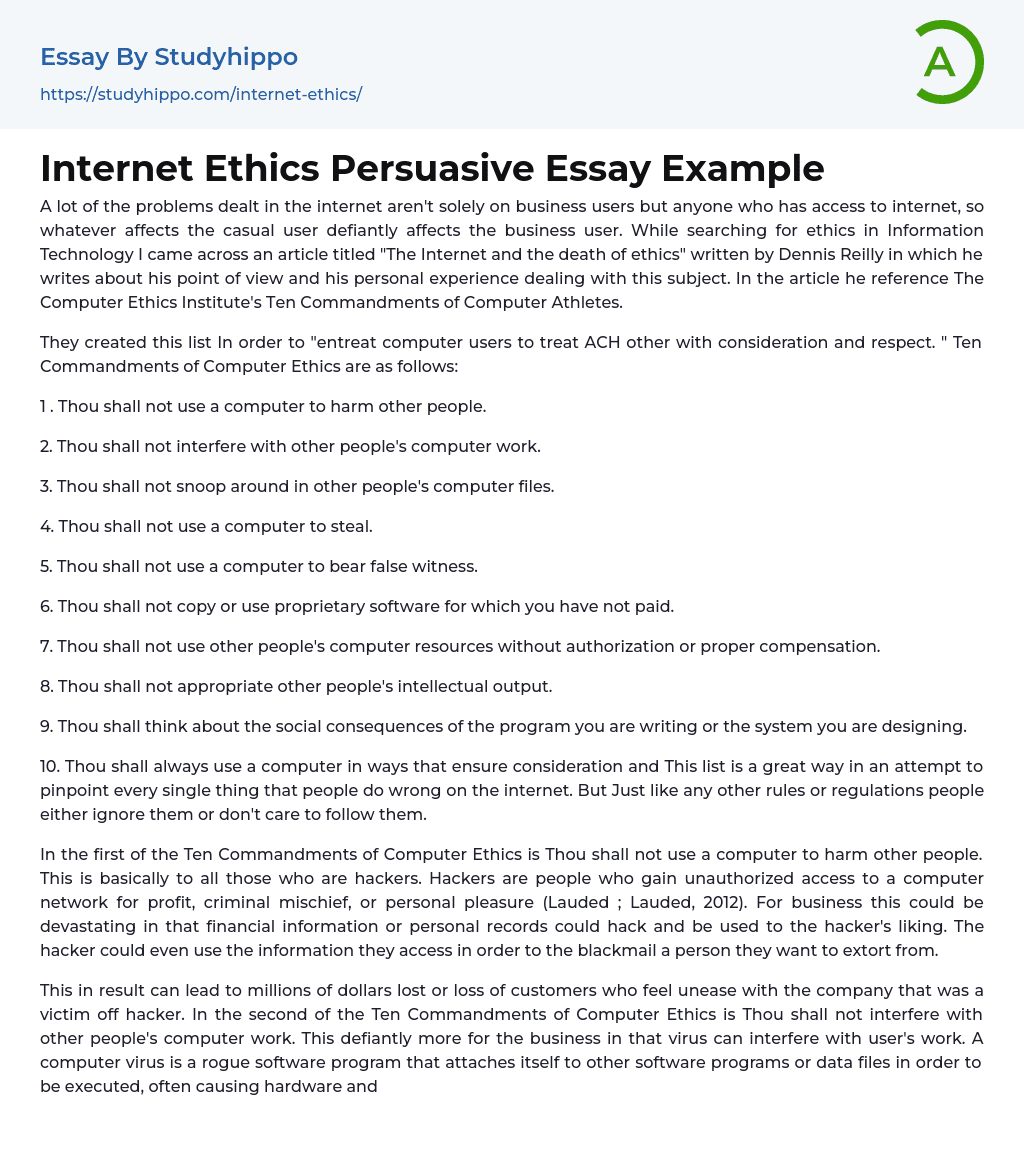 Internet Ethics Persuasive Essay Example