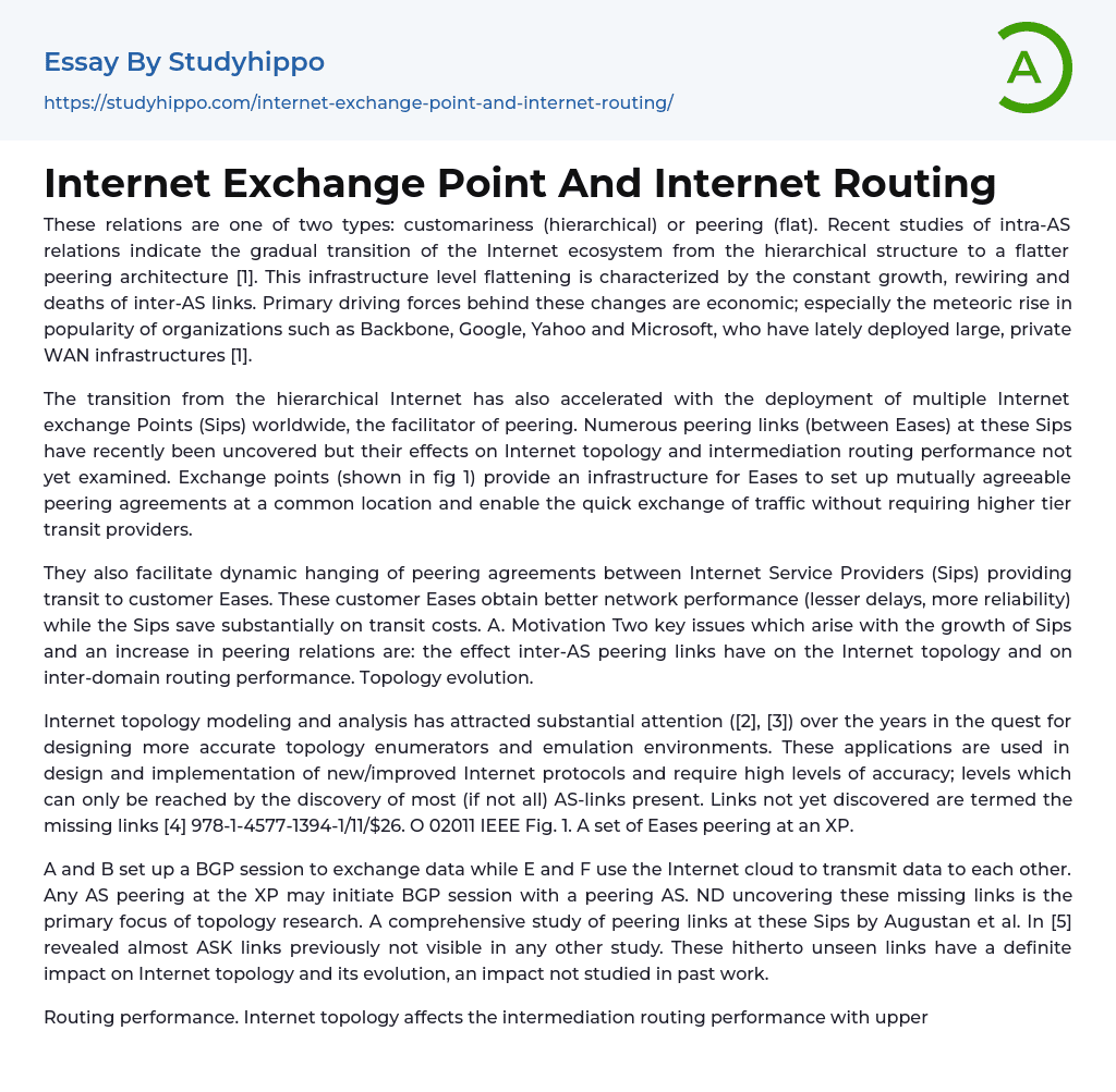 Internet Exchange Point And Internet Routing Essay Example