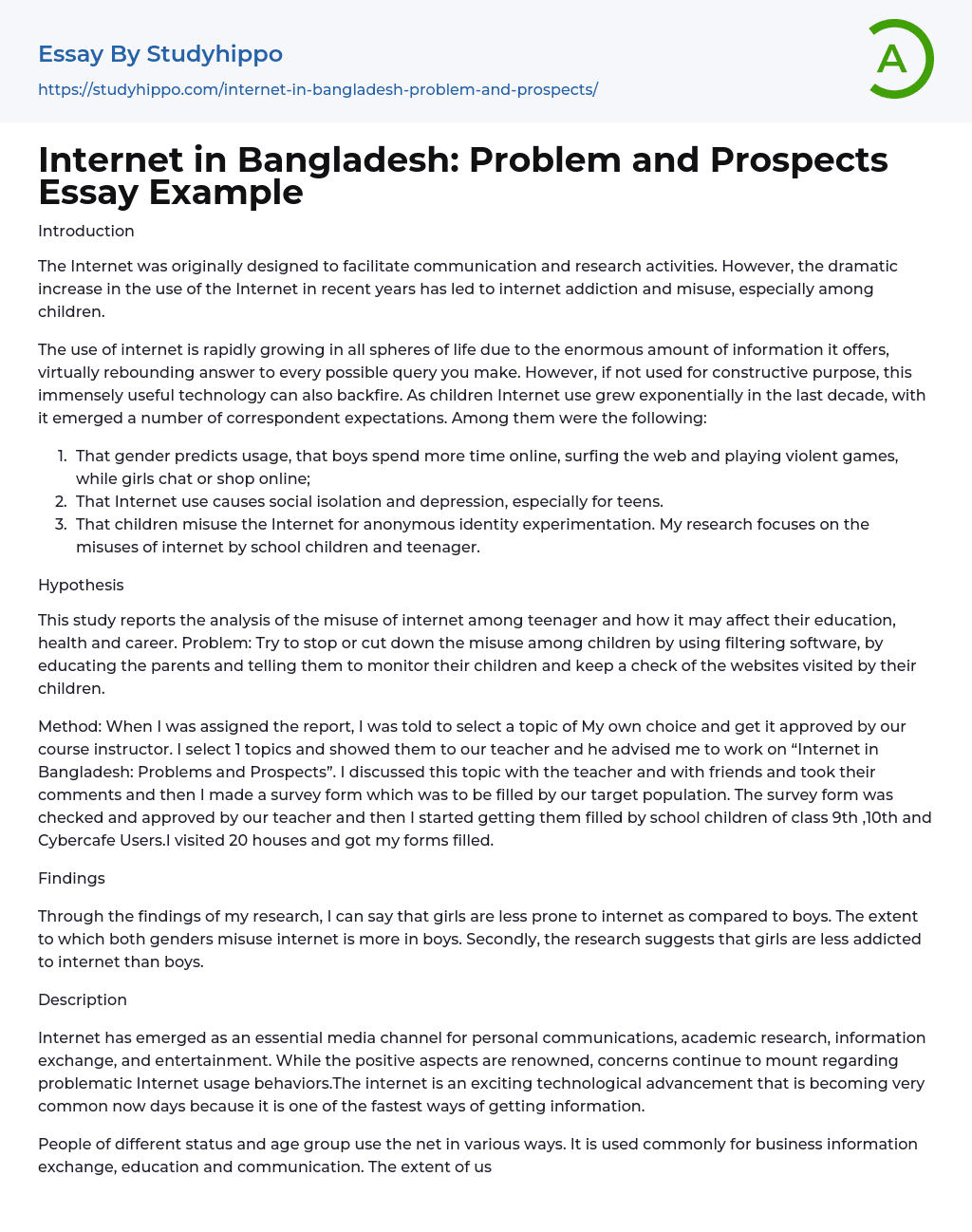 Internet in Bangladesh: Problem and Prospects Essay Example