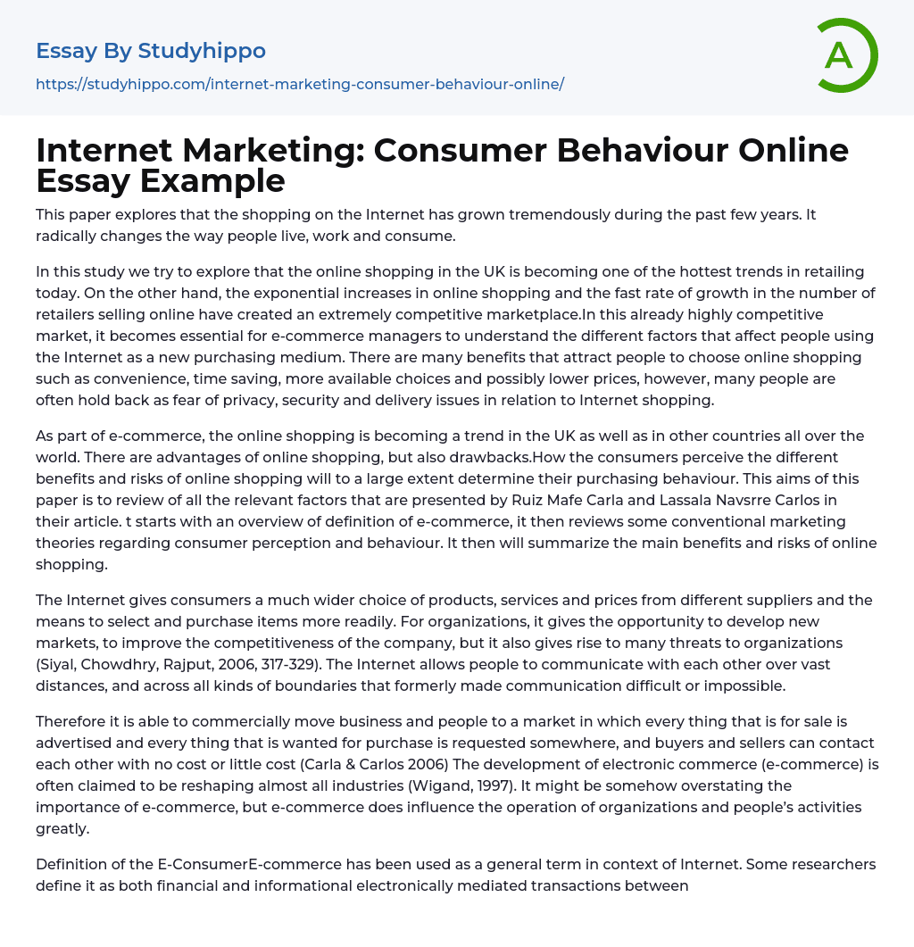 Internet Marketing: Consumer Behaviour Online Essay Example