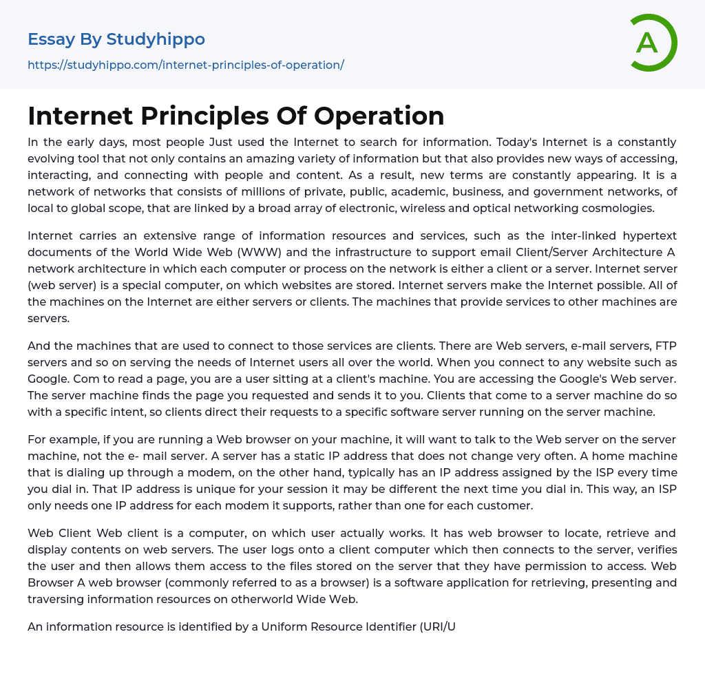 Internet Principles Of Operation Essay Example