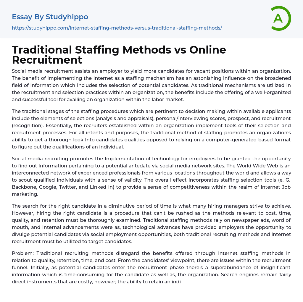 Traditional Staffing Methods vs Online Recruitment Essay Example