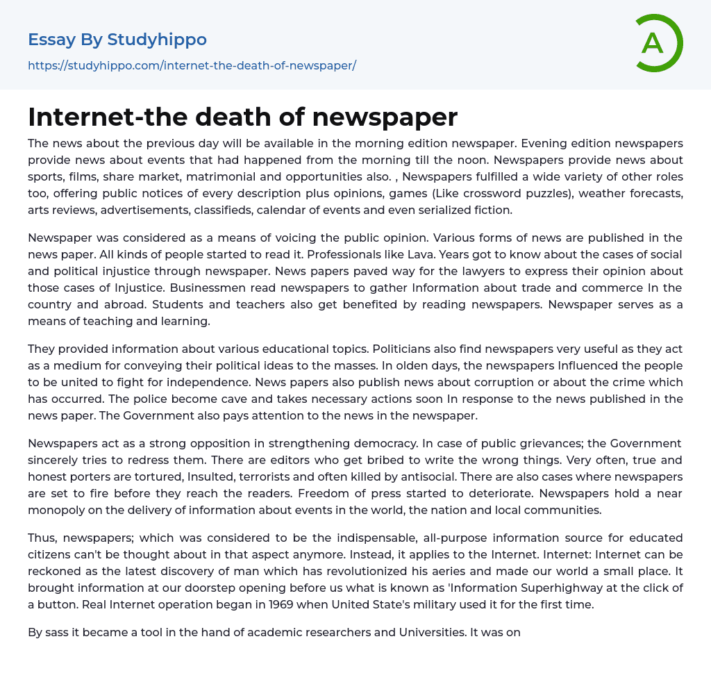 Internet-the death of newspaper Essay Example