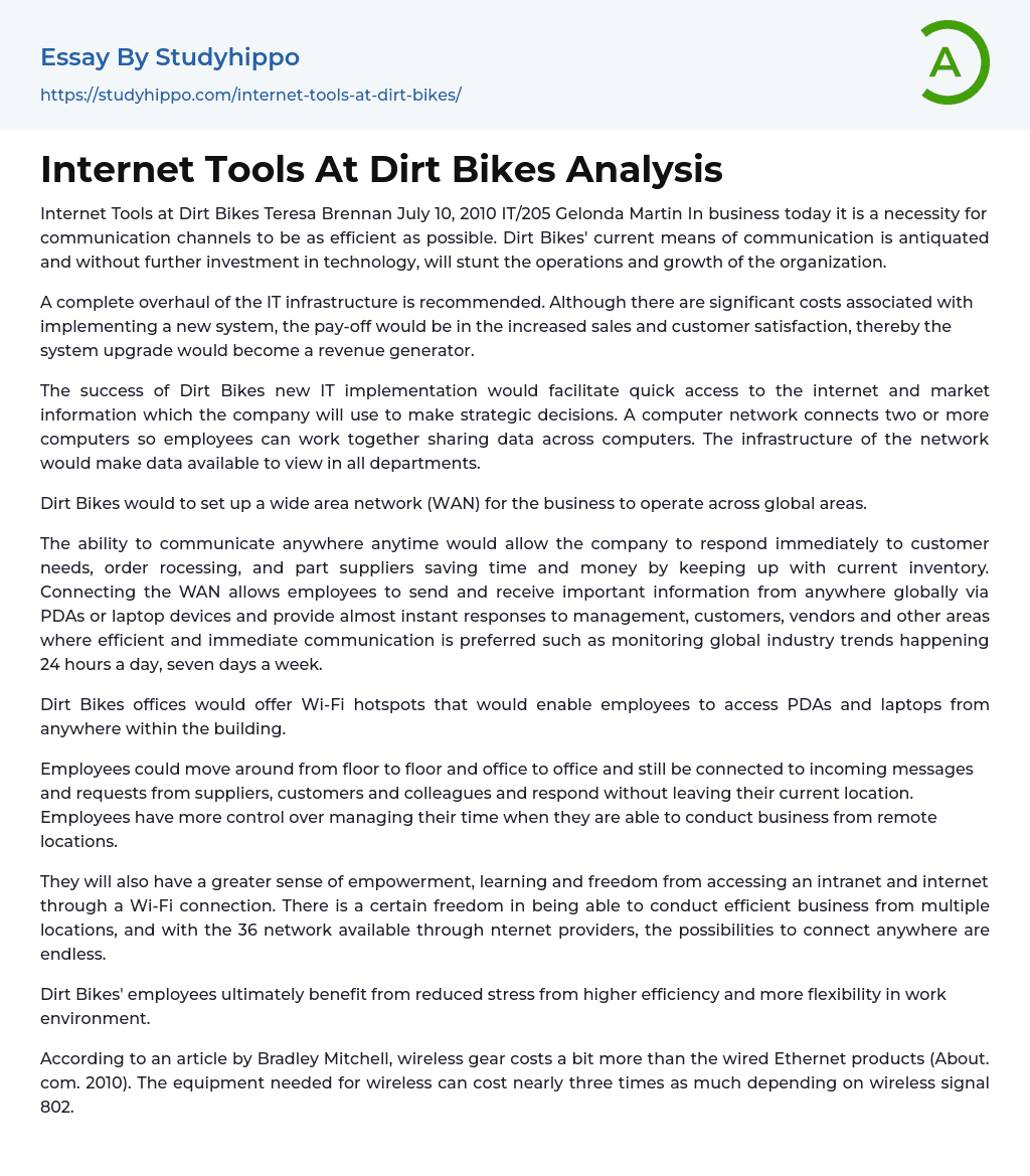 Internet Tools At Dirt Bikes Analysis Essay Example